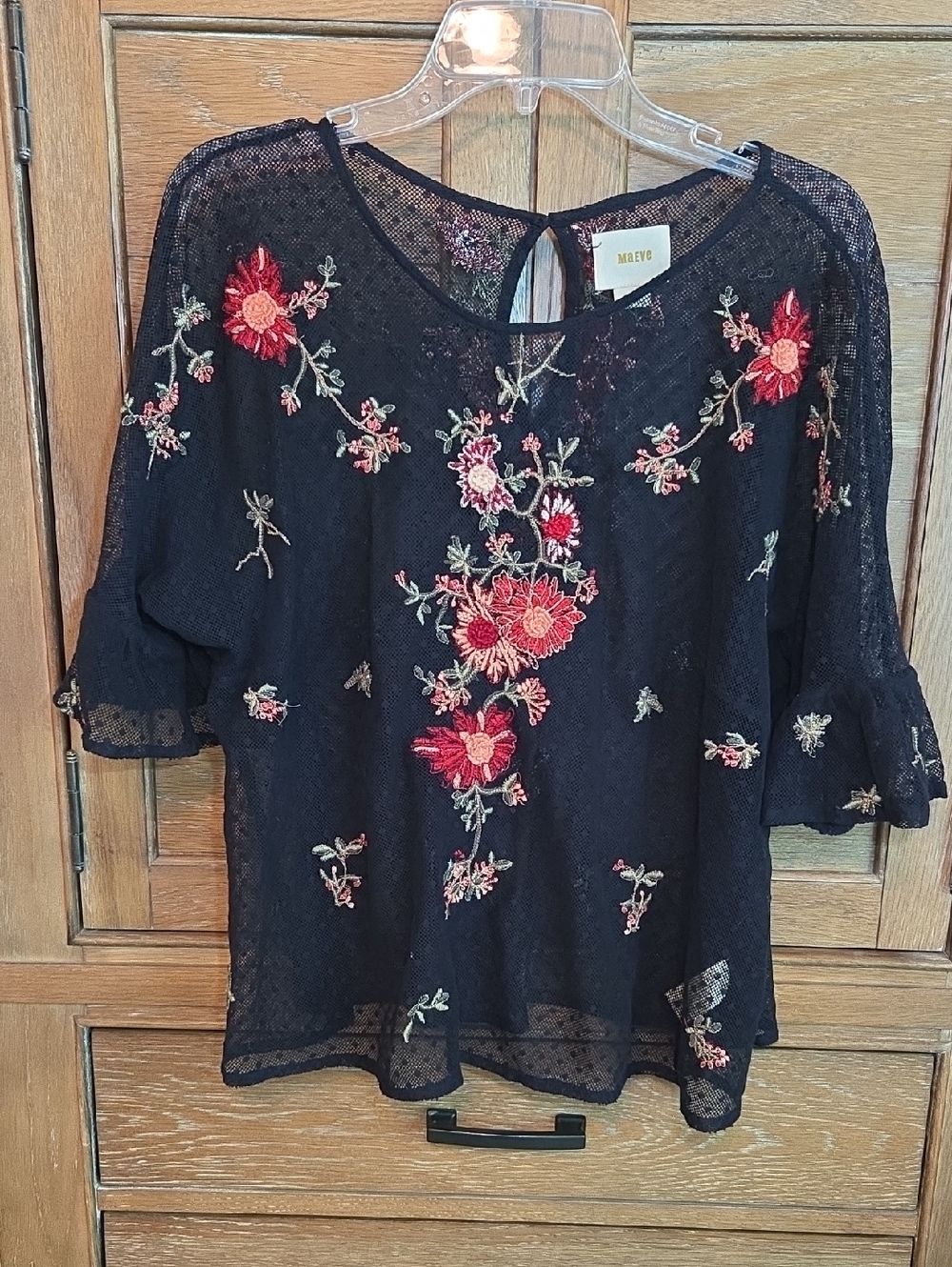 Maeve Black Top with Red & Pink Floral Embroidery